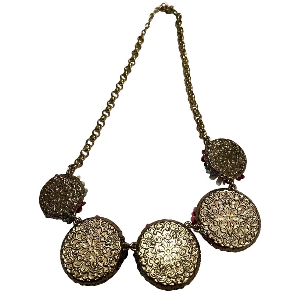 Talbots Floral Statement Necklace Multicolor Enamel Rhinestone Gold Tone Bib - Picture 6 of 8